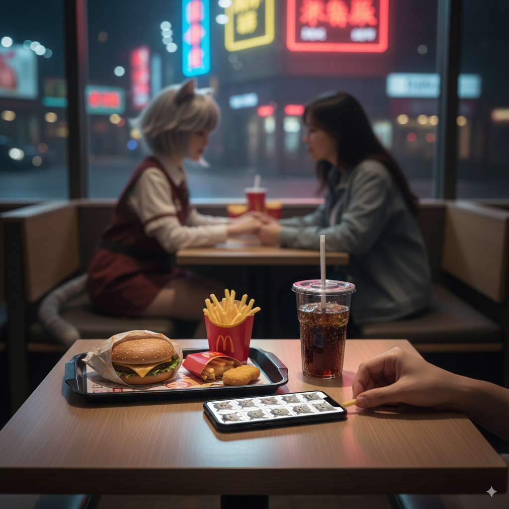 A movie at a fast food restaurant one night shows a table with a burger, fries, and a cola. A smartphone displays an anime cat character emoji. A hand reaches for the fries, symbolizing loneliness. In the blurred mid-ground, a couple sits holding hands, one dressed as a cosplayer of an anime cat character. Blurred neon city lights are in the background.